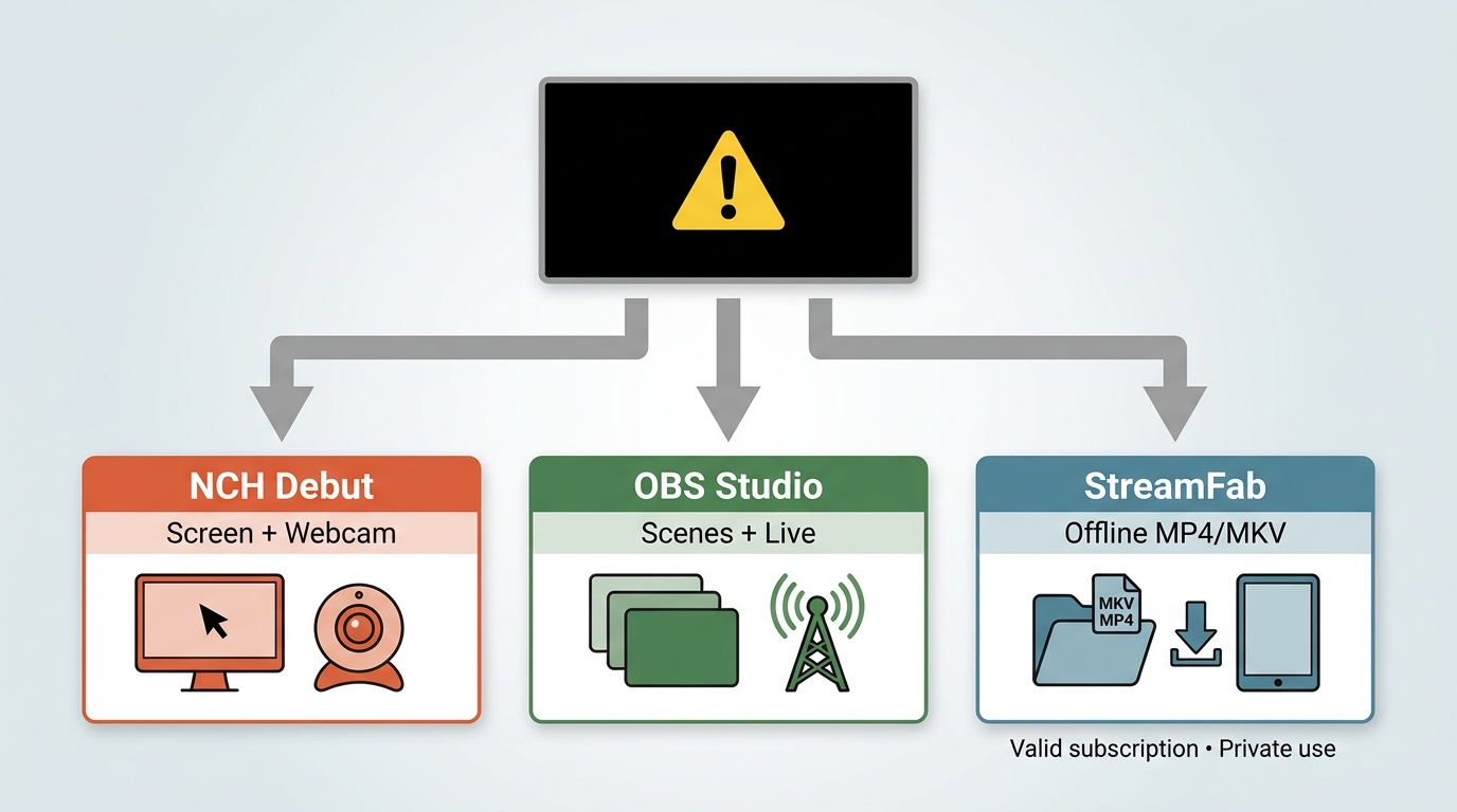 Debut, OBS Studio, and StreamFab compared for capture, streaming, and offline files
