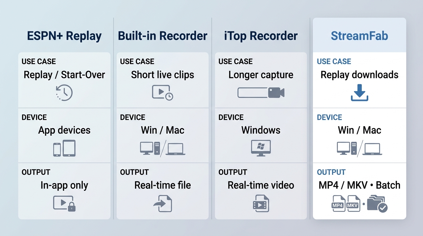Comparison of ESPN+ replay, built-in recorders, iTop Screen Recorder, and StreamFab