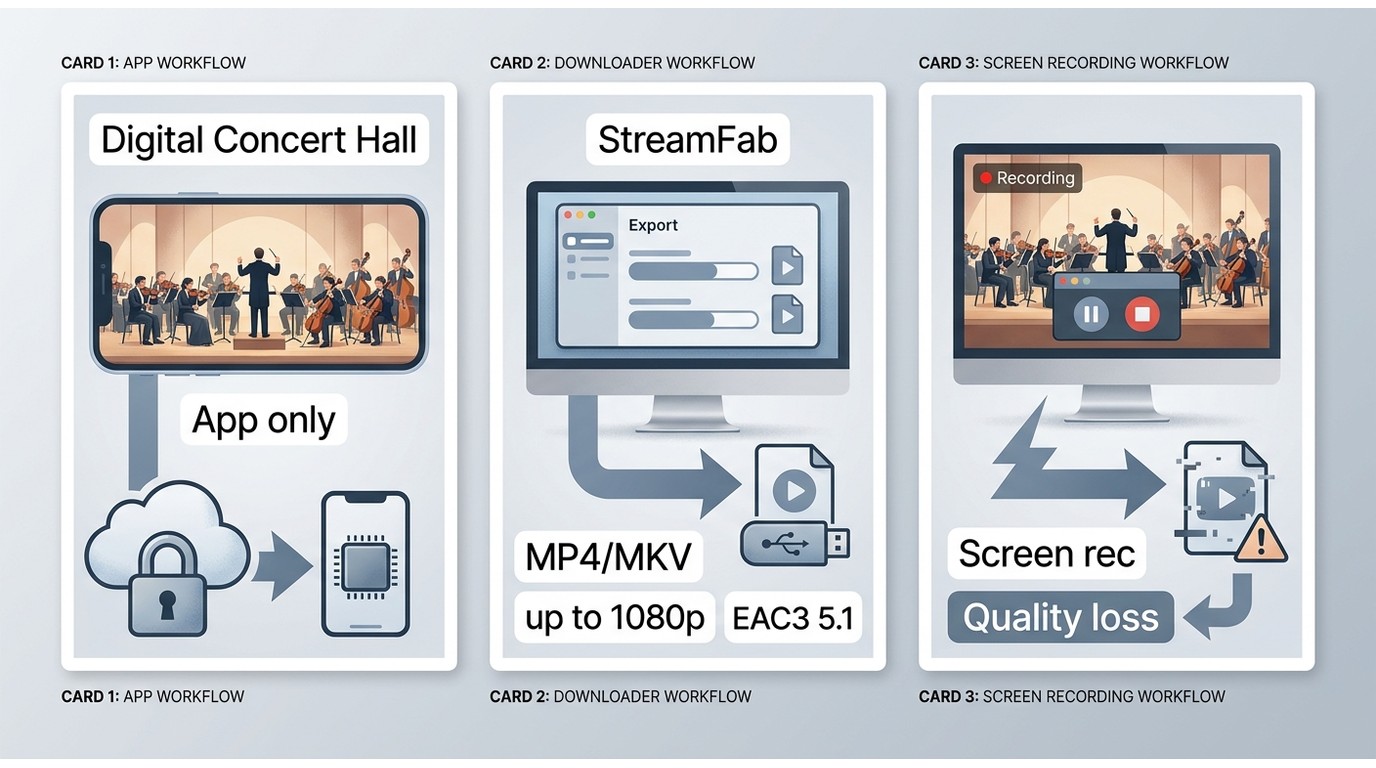Comparison of Digital Concert Hall app storage, StreamFab MP4/MKV files, and screen recording workfl