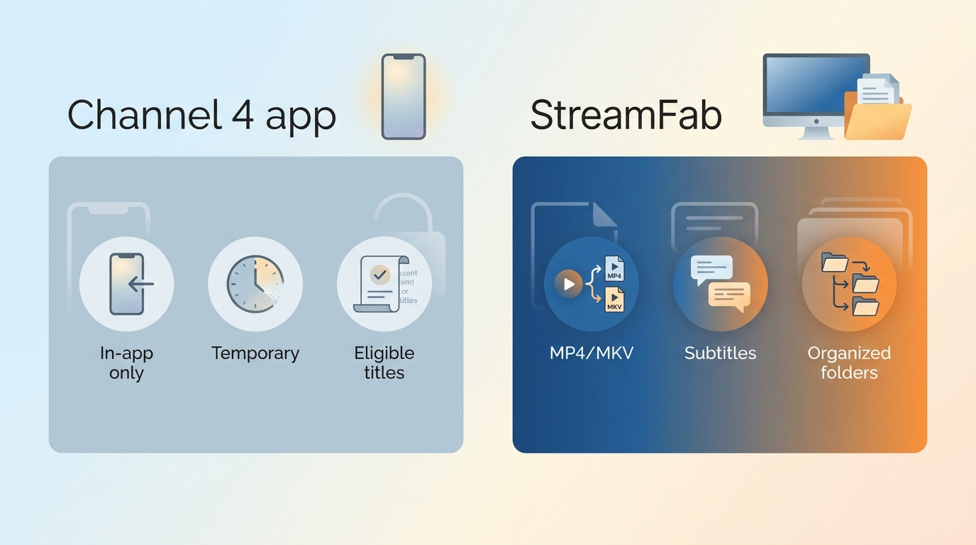 Comparison of Channel 4 app downloads and StreamFab local files by device and format