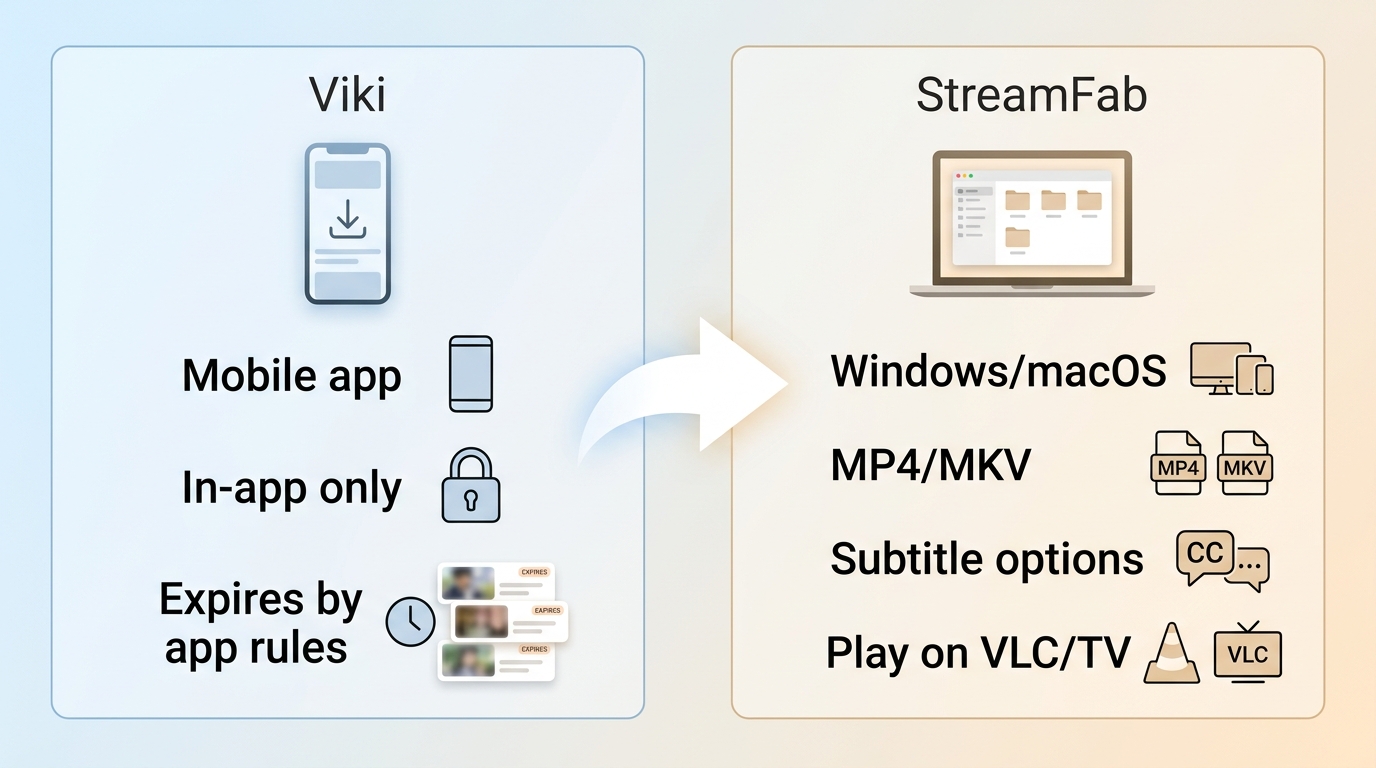 Comparison of Viki app downloads and StreamFab local files on Windows or Mac