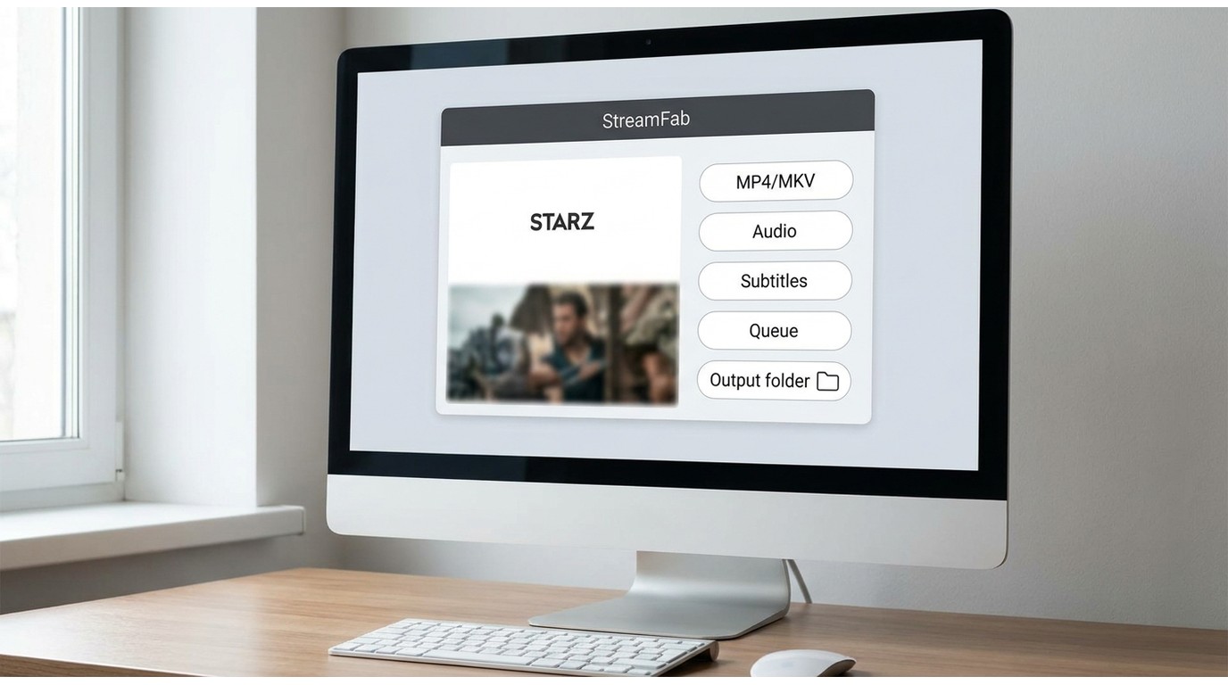 StreamFab STARZ Downloader on Windows or Mac with format, subtitle, and output folder options