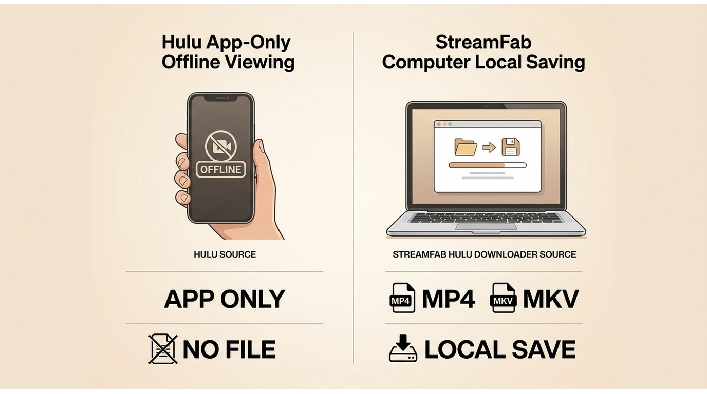 Comparison of Hulu mobile offline playback and StreamFab saving Hulu videos as MP4 or MKV on compute