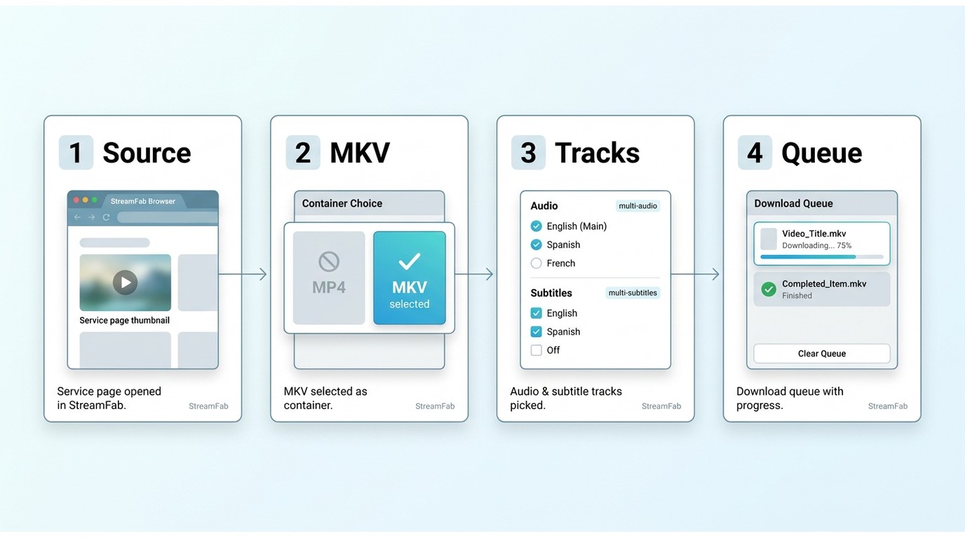 StreamFab workflow from source selection to MKV choice, track selection, and queued download