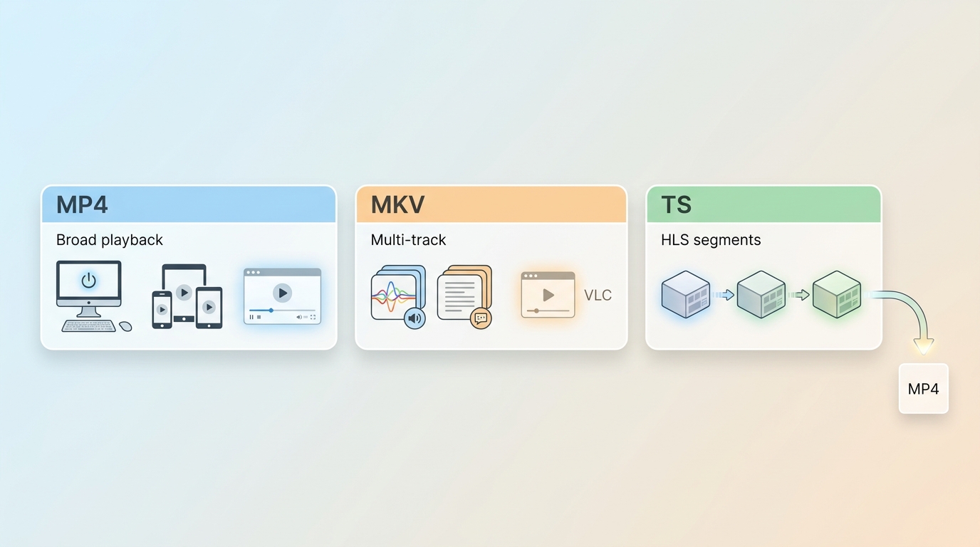 MP4, MKV, and TS compared by playback, track support, and HLS segment handling