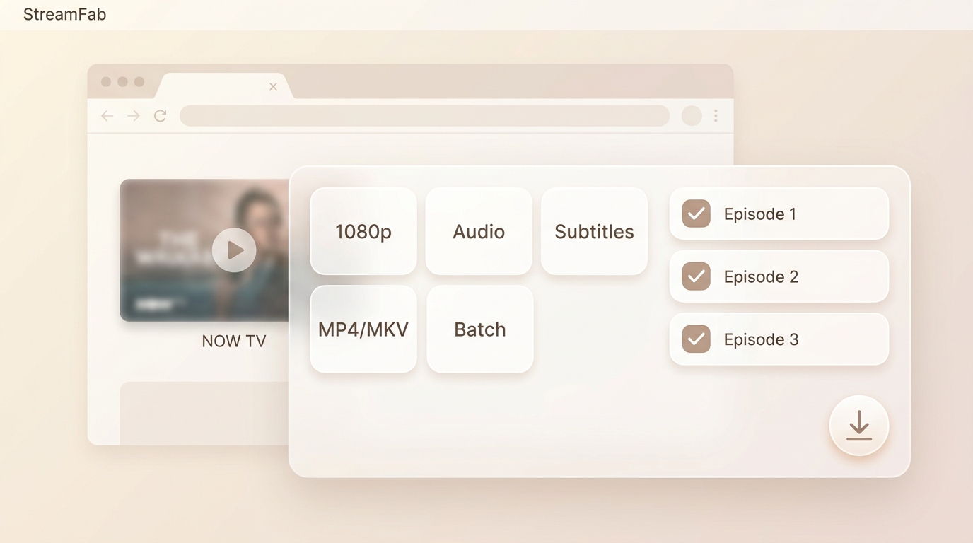 StreamFab NOW Downloader settings for NOW TV with quality, subtitles, MP4 or MKV, and episode select