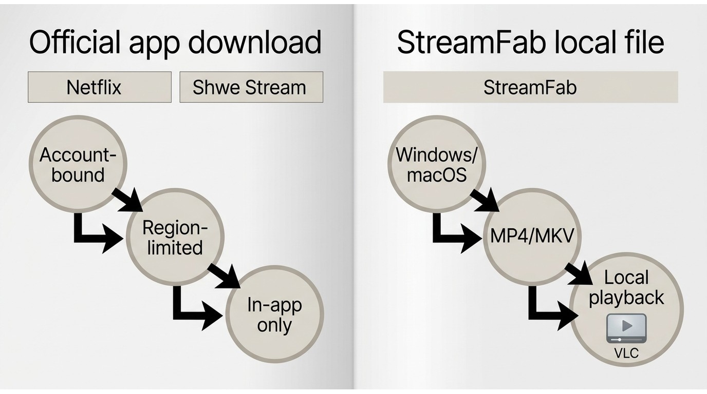 How official app downloads differ from StreamFab local MP4 or MKV files for offline viewing