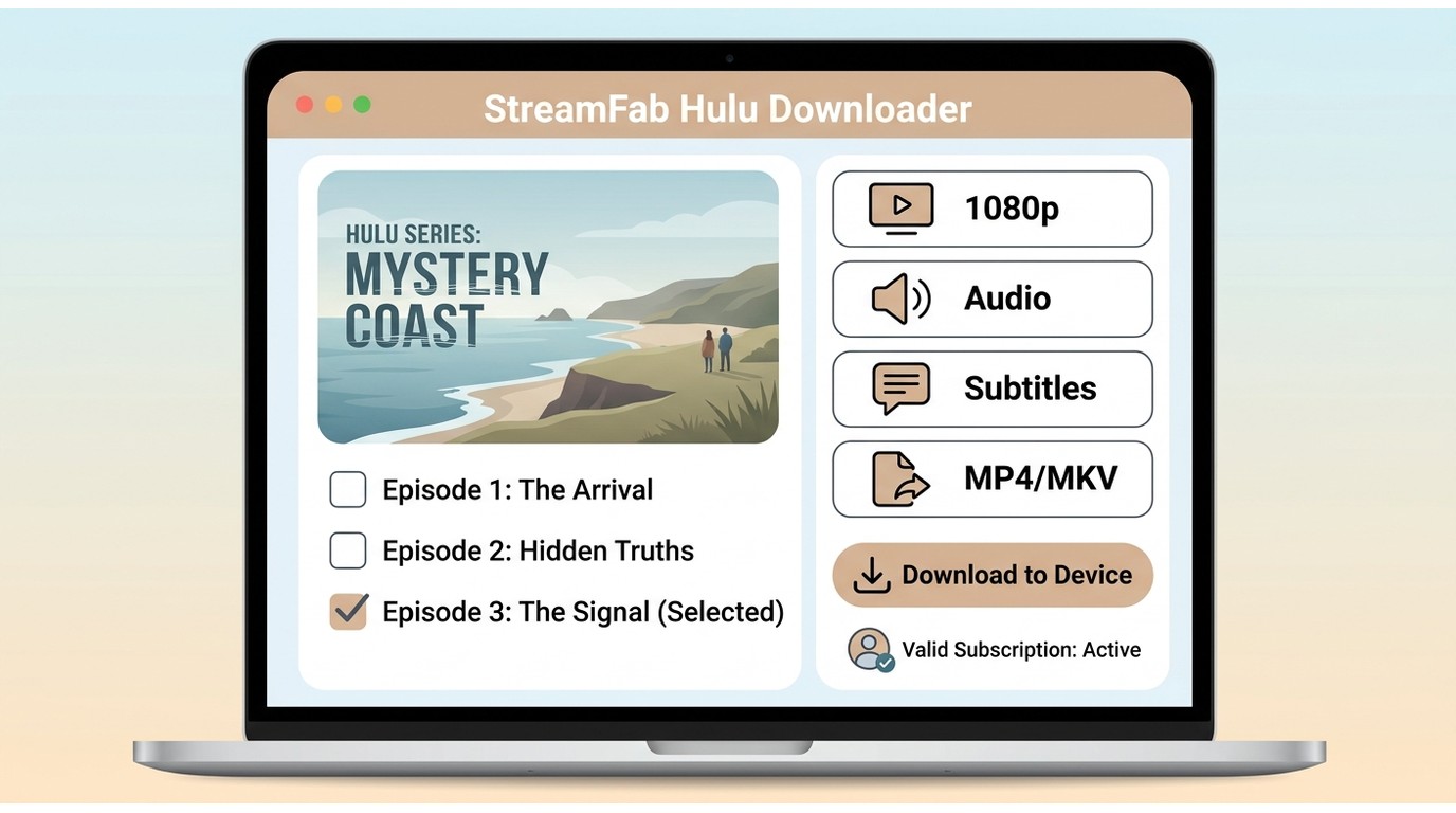StreamFab Hulu Downloader with episode selection, 1080p quality, audio choices, subtitles, and MP4 o