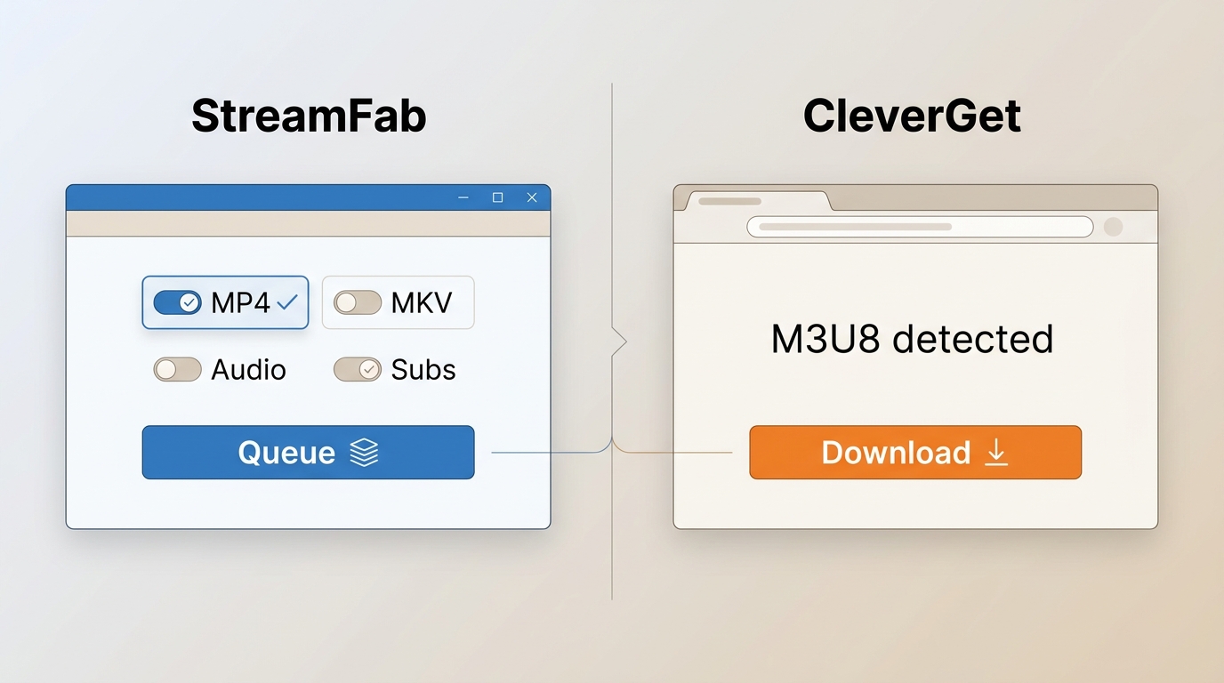 StreamFab and CleverGet interfaces for detecting M3U8 streams and choosing download options