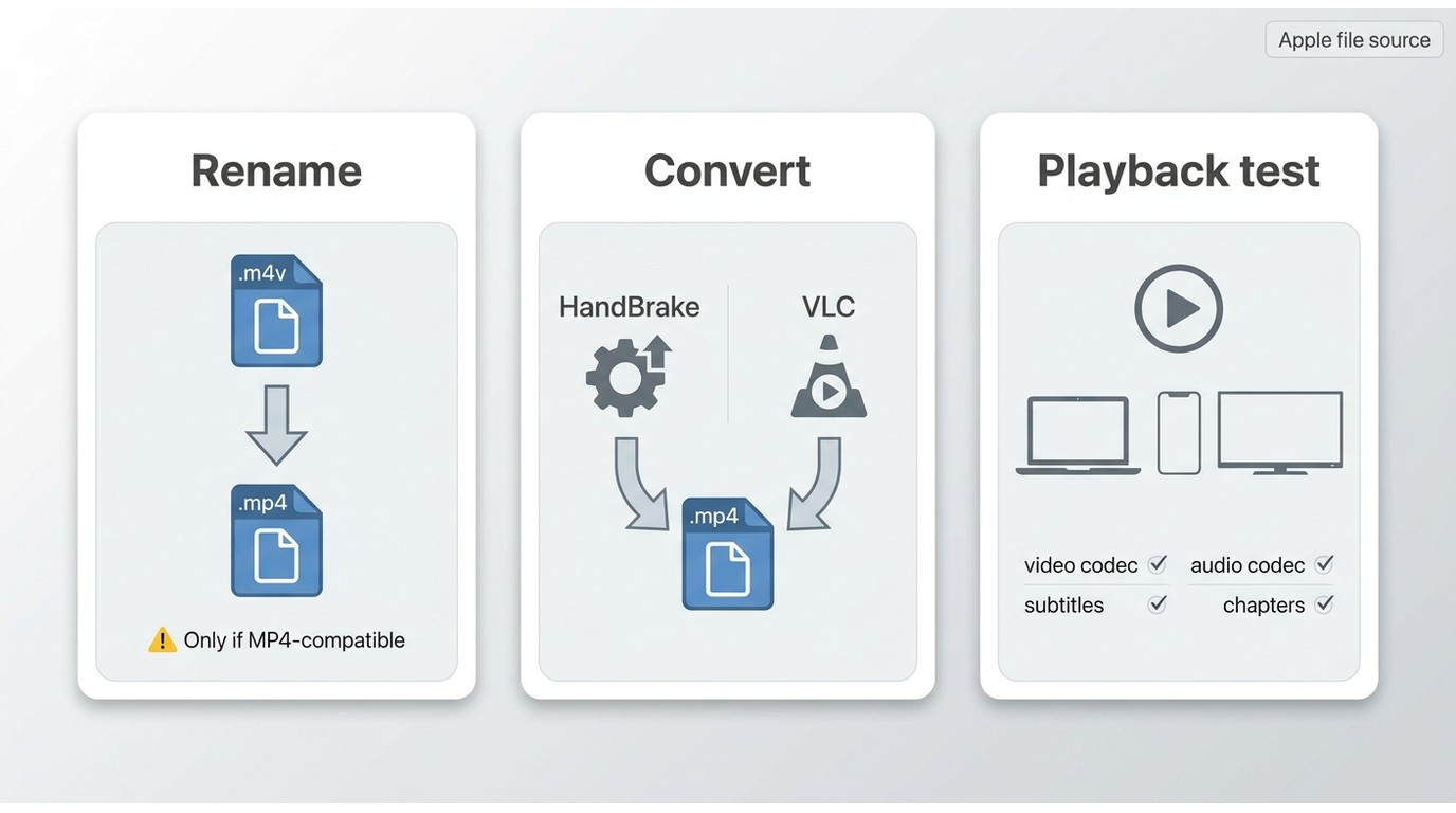 Comparison of renaming, converting, and playback testing for unprotected M4V files