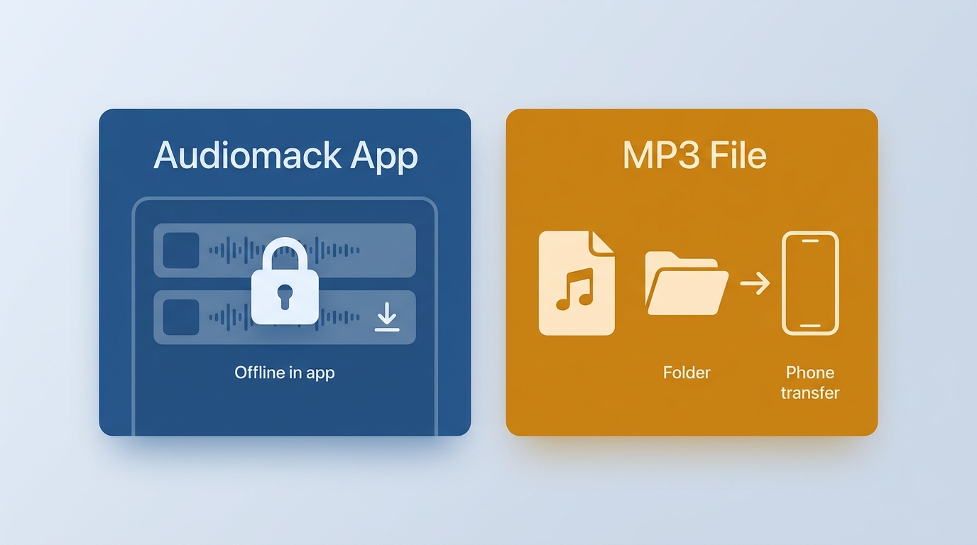 Comparison of Audiomack in-app offline listening versus a transferable MP3 file.