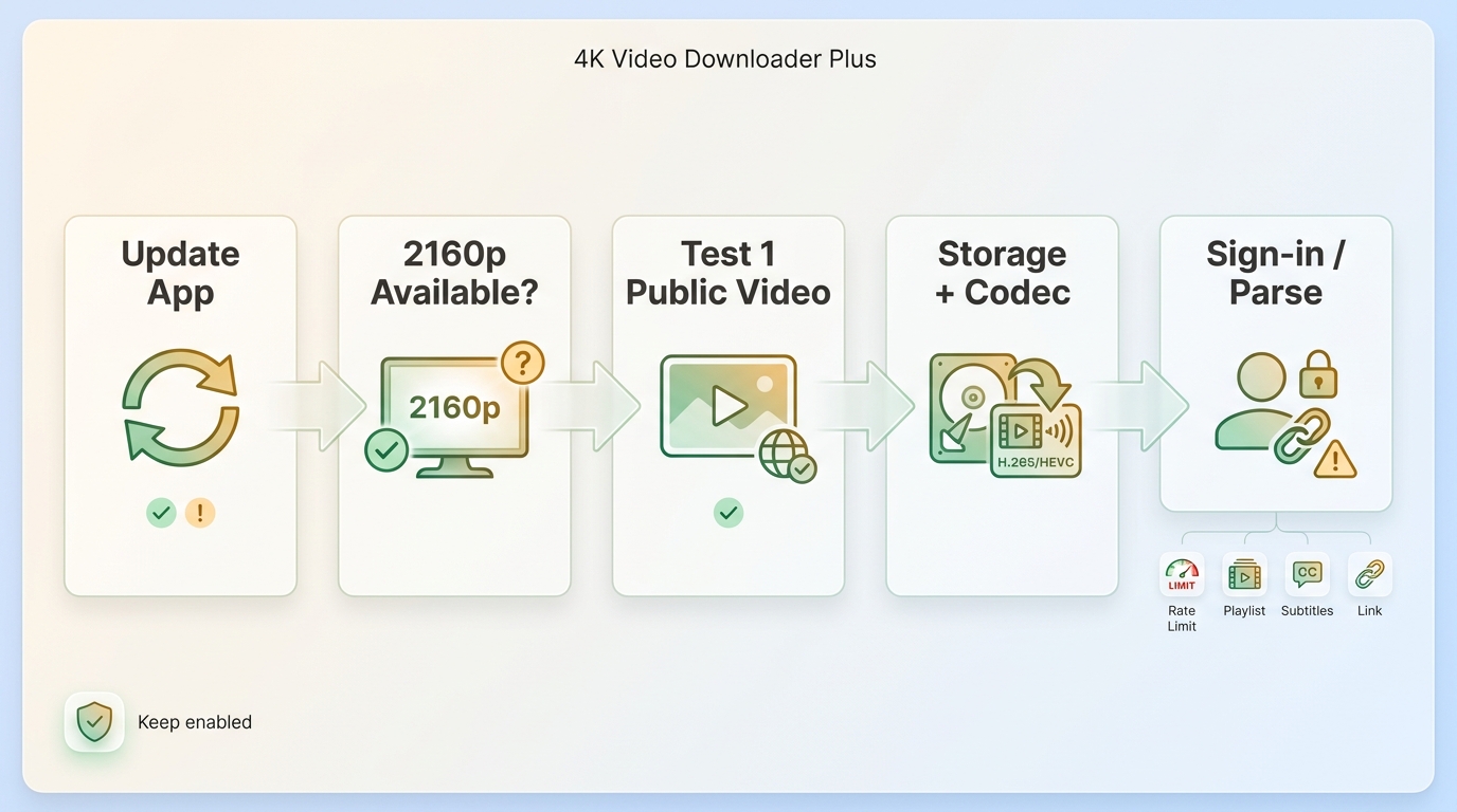 Safe 4K Video Downloader Plus checks for 2160p, storage, codecs, sign-in, and parse-link errors