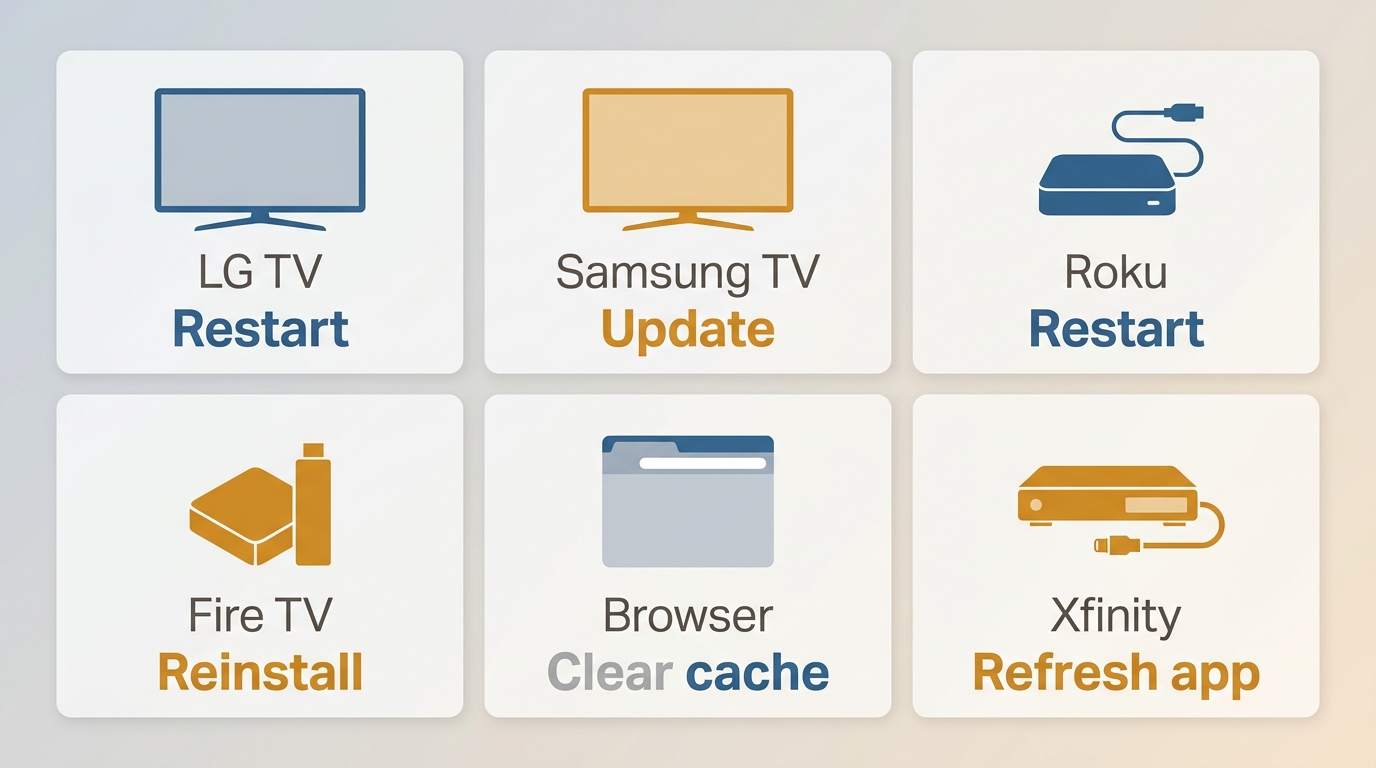 Reset steps for Paramount+ on LG TV, Samsung TV, Roku, Fire TV, browser, and Xfinity