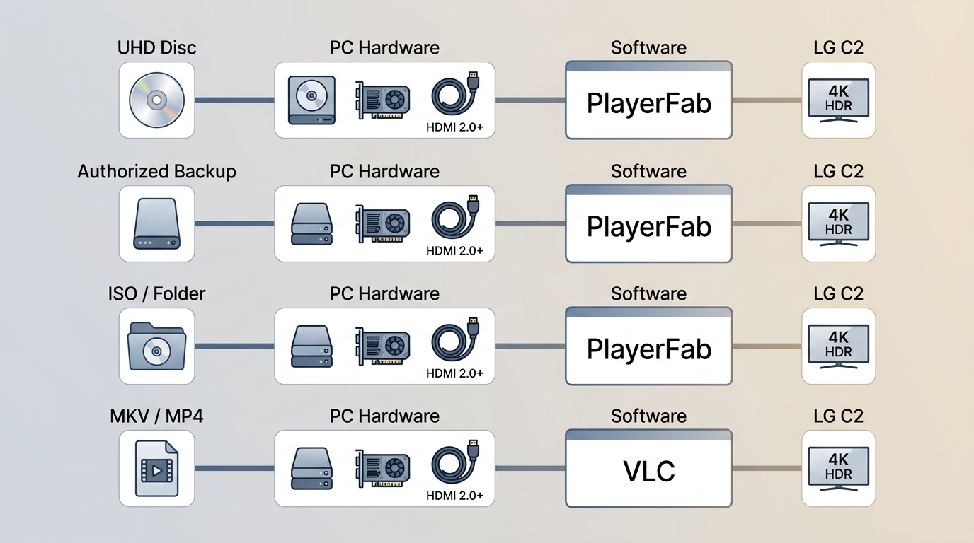 PC paths for UHD discs, backups, ISO folders, and 4K files using PlayerFab or VLC