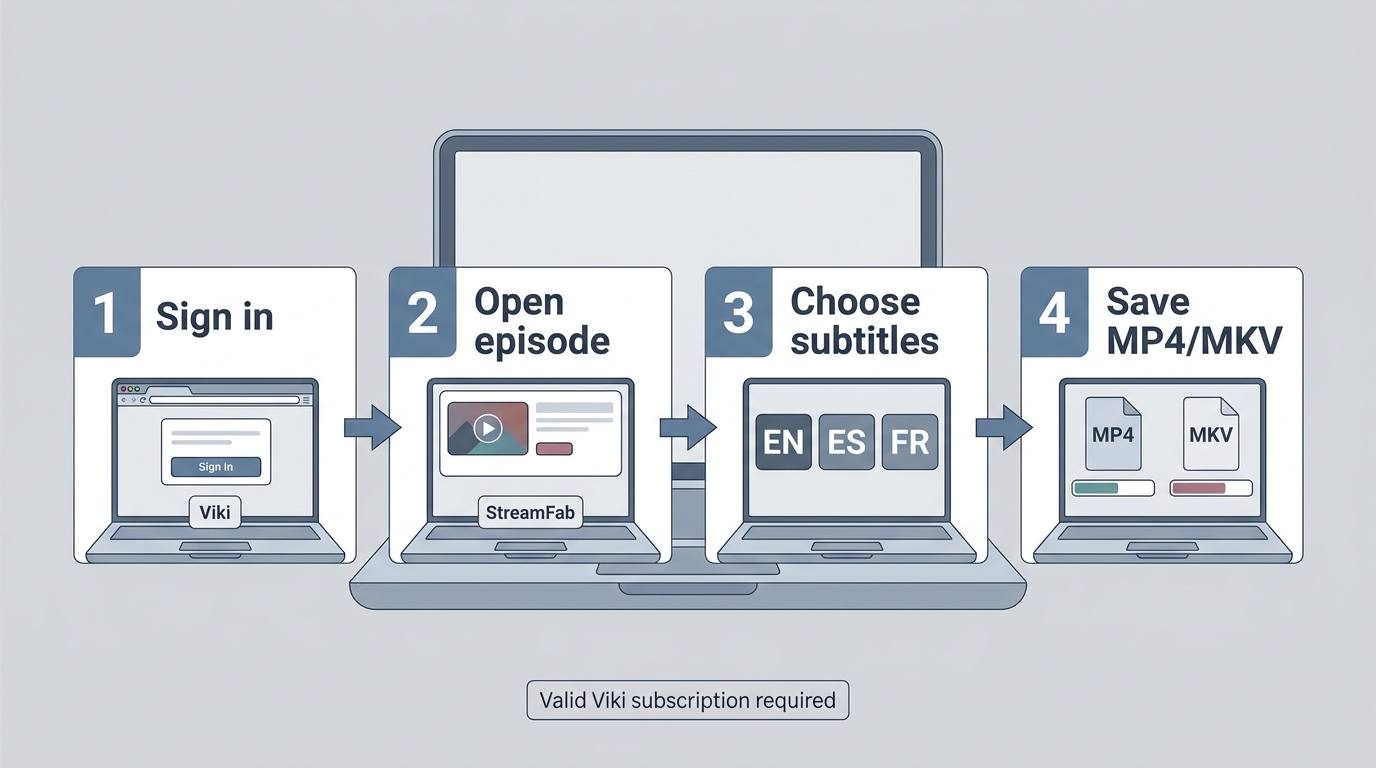 Steps to save a Viki episode in StreamFab with subtitle choice and file download