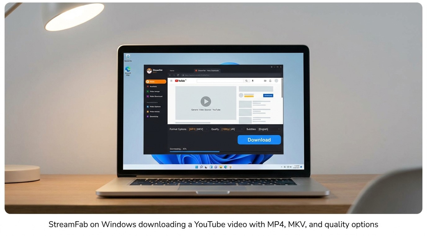 StreamFab on Windows downloading a YouTube video with MP4, MKV, and quality options