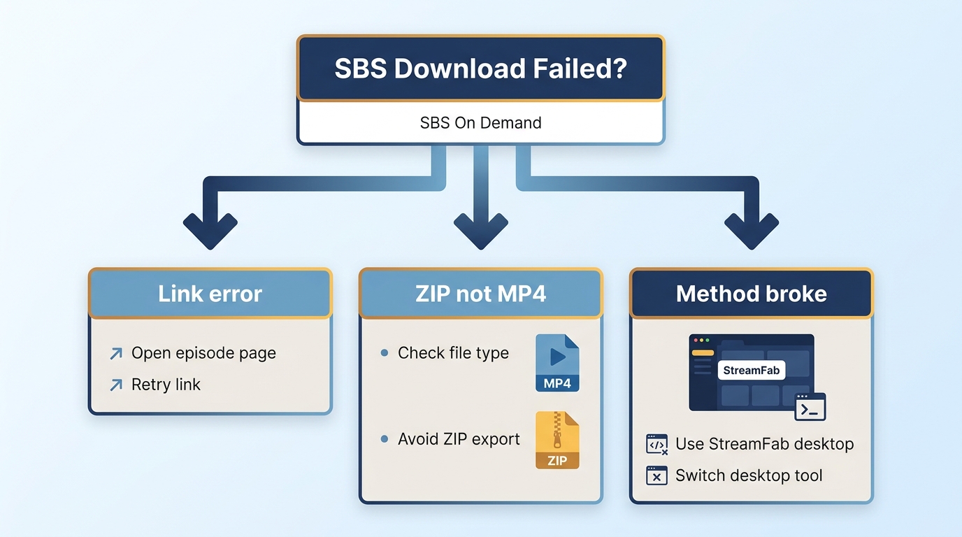 Troubleshooting path for SBS download errors, ZIP files instead of MP4, and broken browser or CLI me