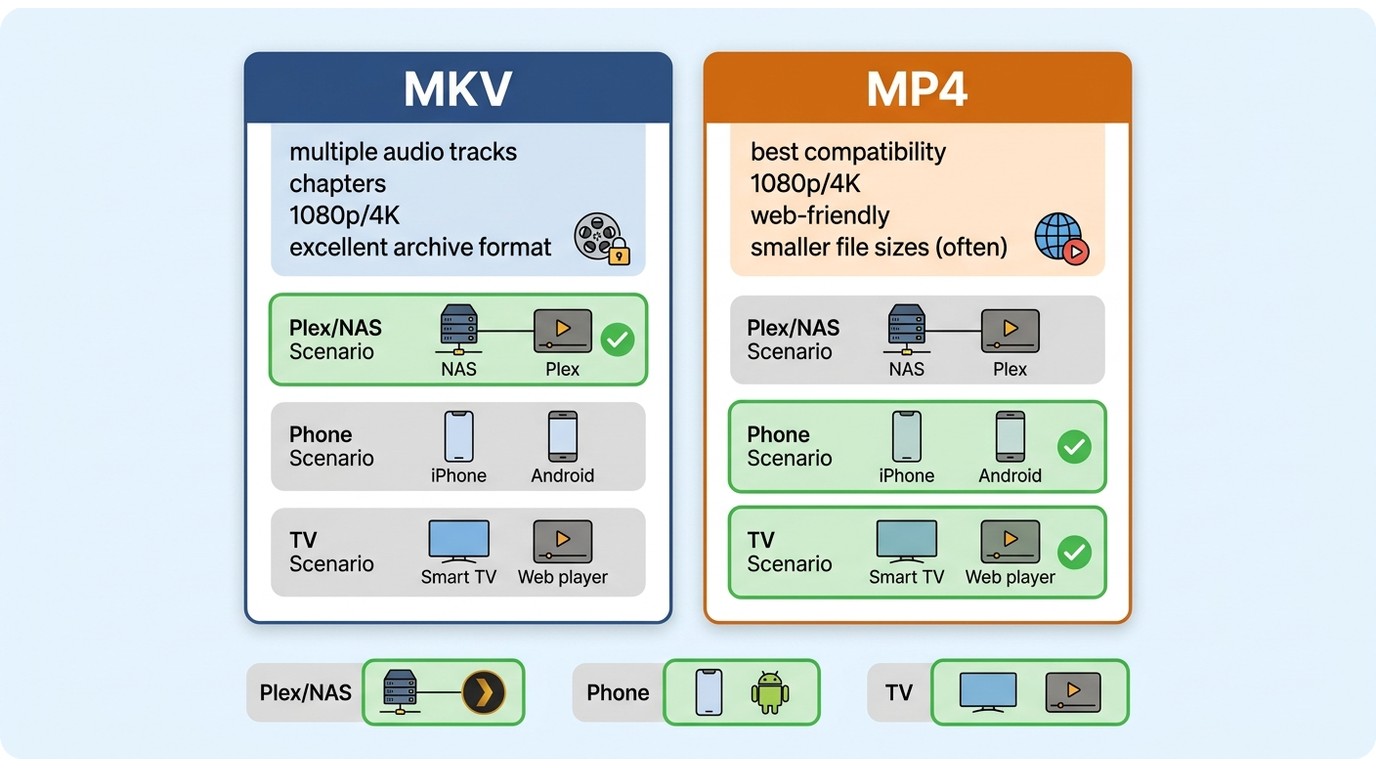 Comparison of MKV and MP4 for Plex libraries, phones, TVs, tracks, and playback support