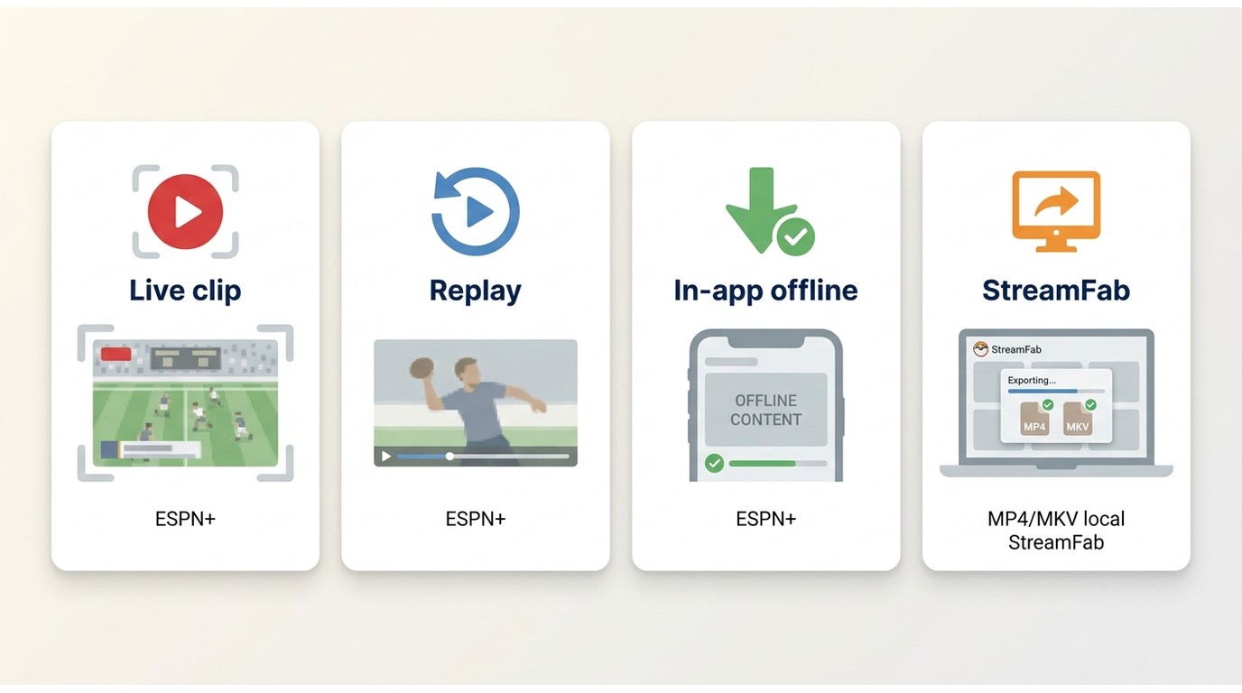 Comparison of four ESPN+ situations: live clip, replay, mobile offline viewing, and StreamFab export