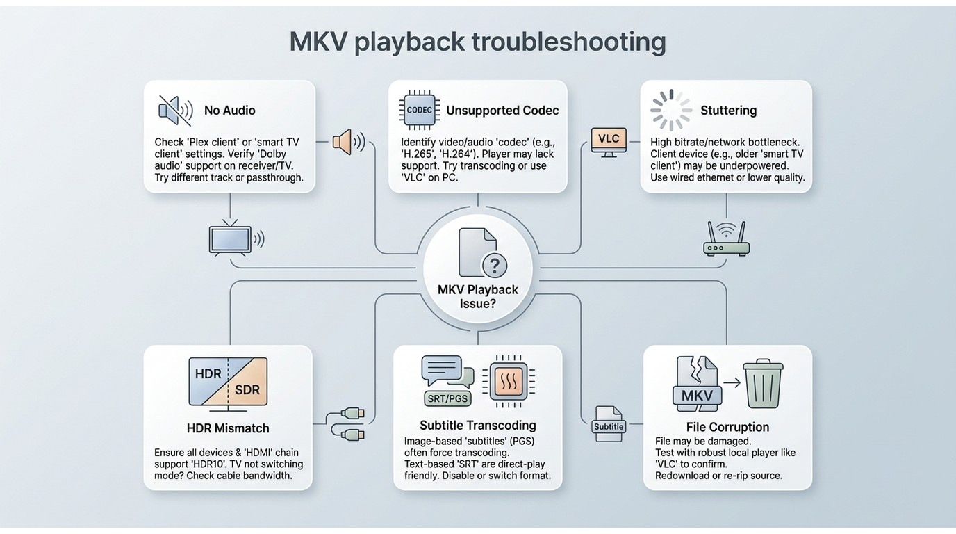 Troubleshooting guide for MKV playback issues involving codecs, HDR, subtitles, Plex, and TV clients