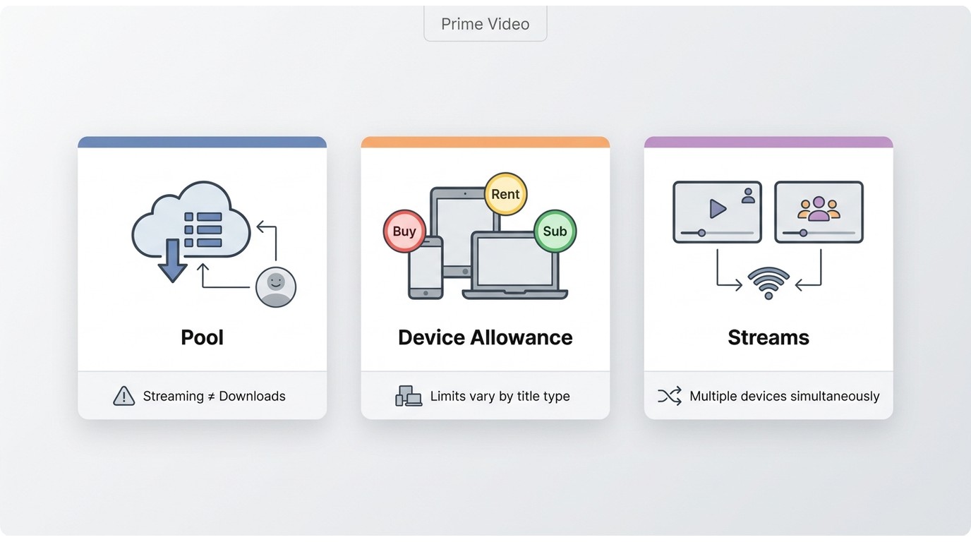 Comparison of Prime Video download pool, per-title device allowance, and simultaneous streaming rule