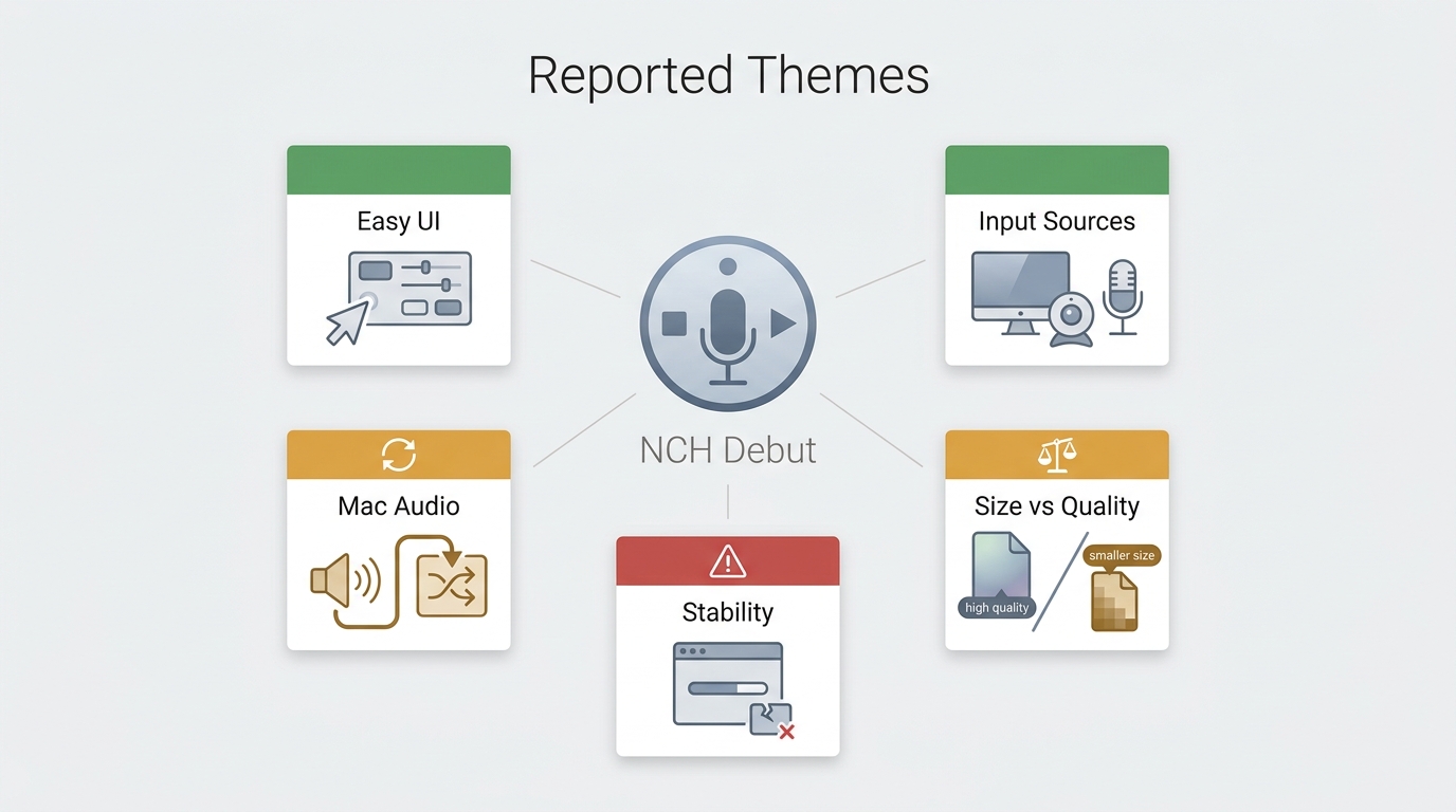 NCH Debut user reports on ease of use, audio setup, file size, quality, and stability