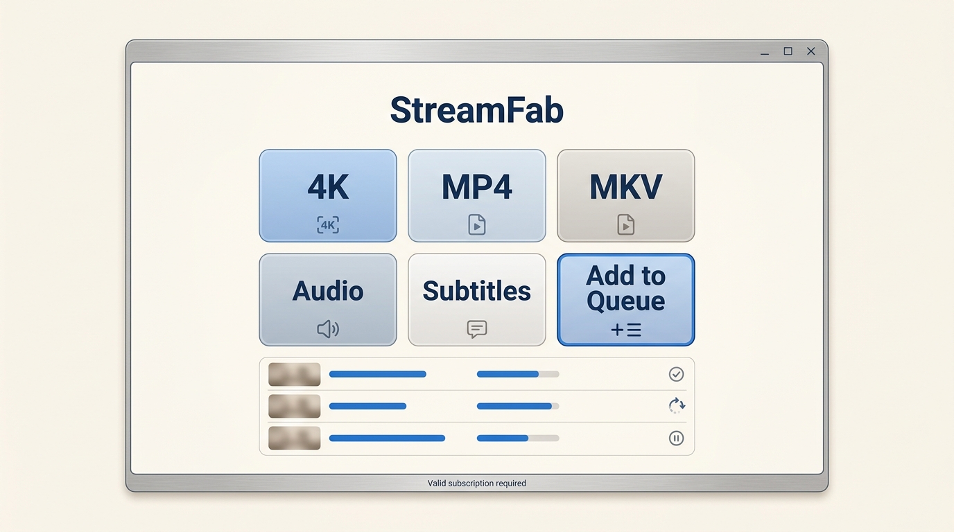 StreamFab controls for 4K OTT downloads, MP4 or MKV output, audio, subtitles, and batch queues