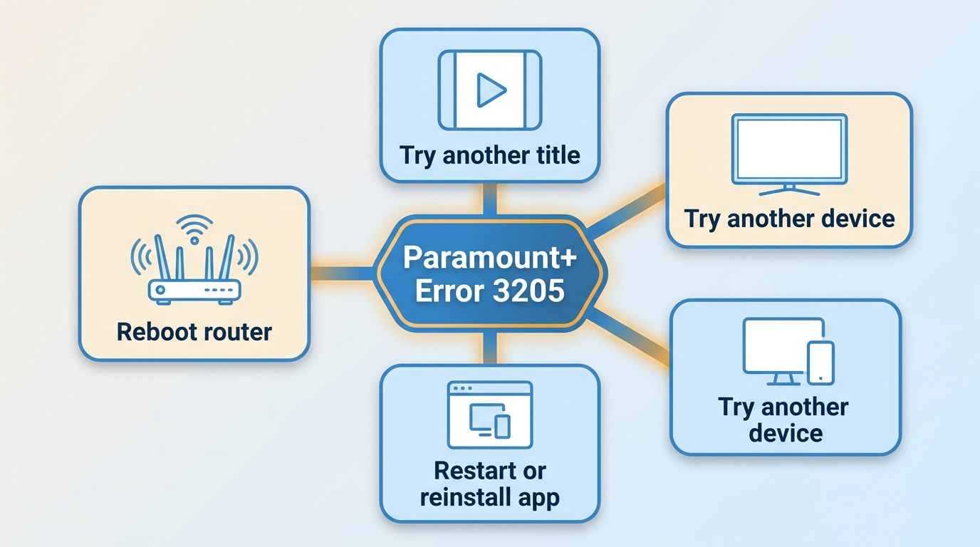 Paramount+ error 3205 troubleshooting flow by title, device, app, and network pattern