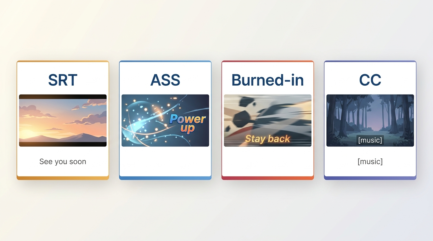 Comparison of Crunchyroll subtitle types including SRT, ASS, hardcoded subtitles, and closed caption