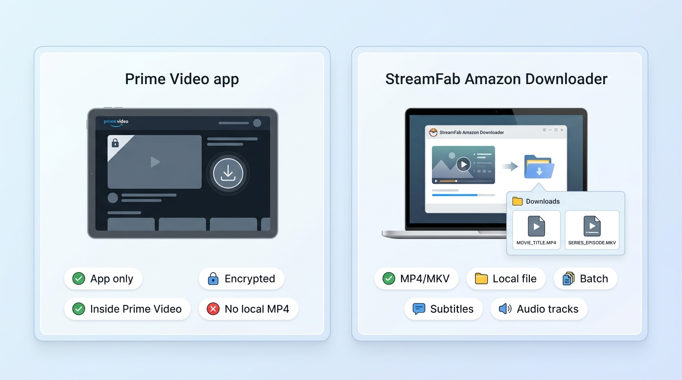 Comparison of Prime Video app downloads and StreamFab local MP4/MKV files for offline viewing