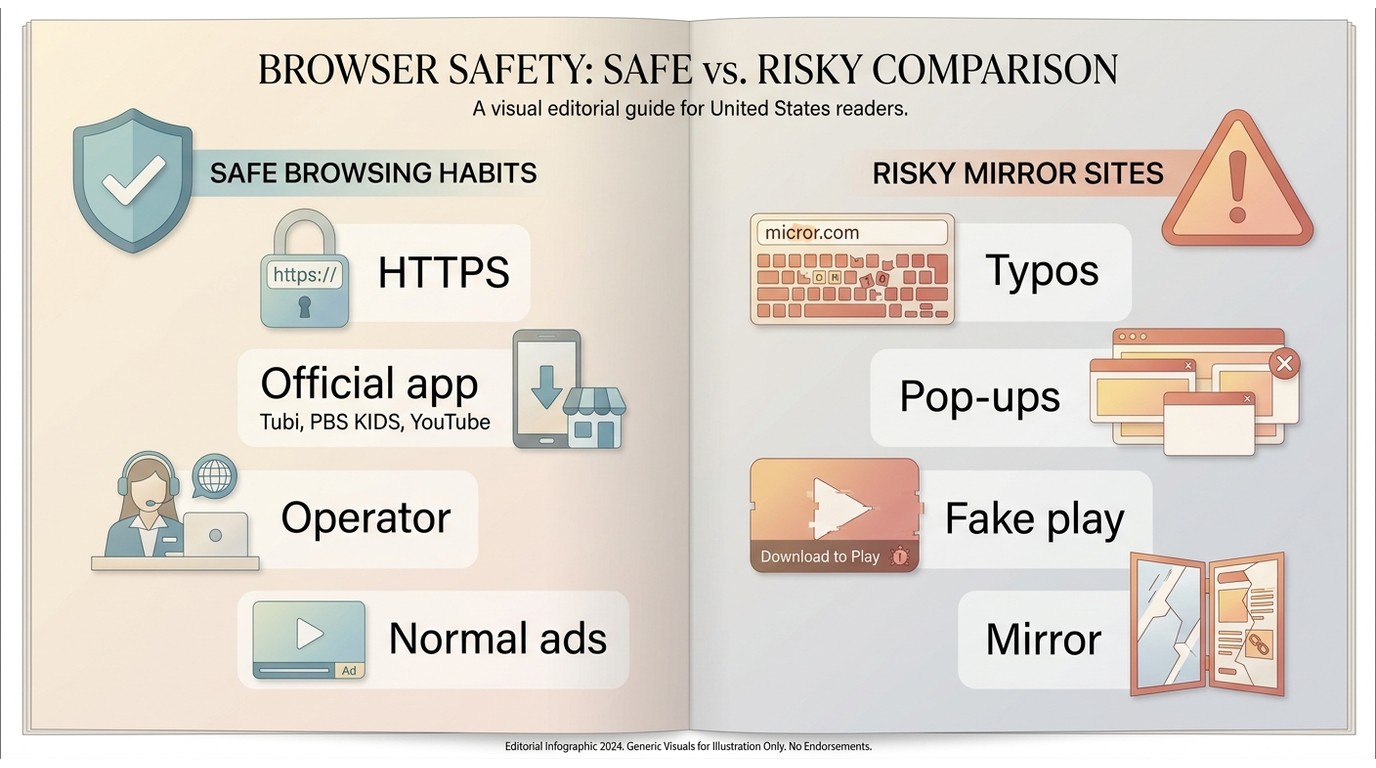 Safety checklist contrasting official streaming sites with risky mirror pages and common warning sig