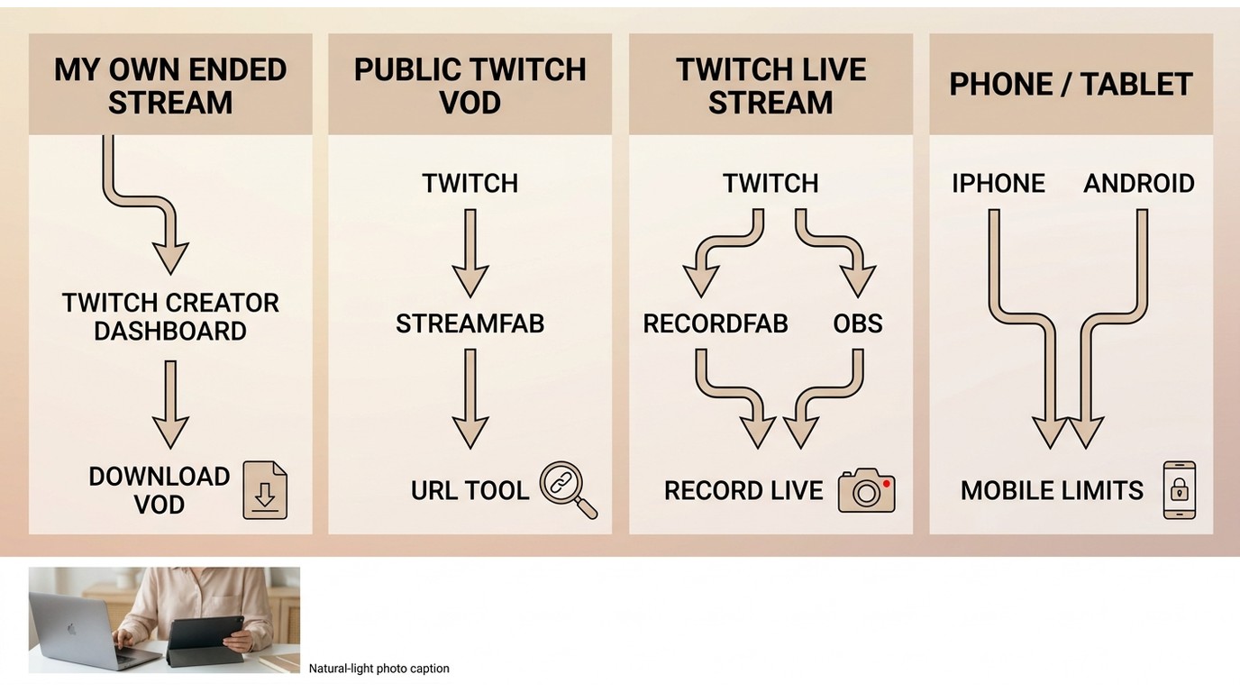 How to choose between Twitch Creator Dashboard, StreamFab, RecordFab, OBS, and mobile options for sa