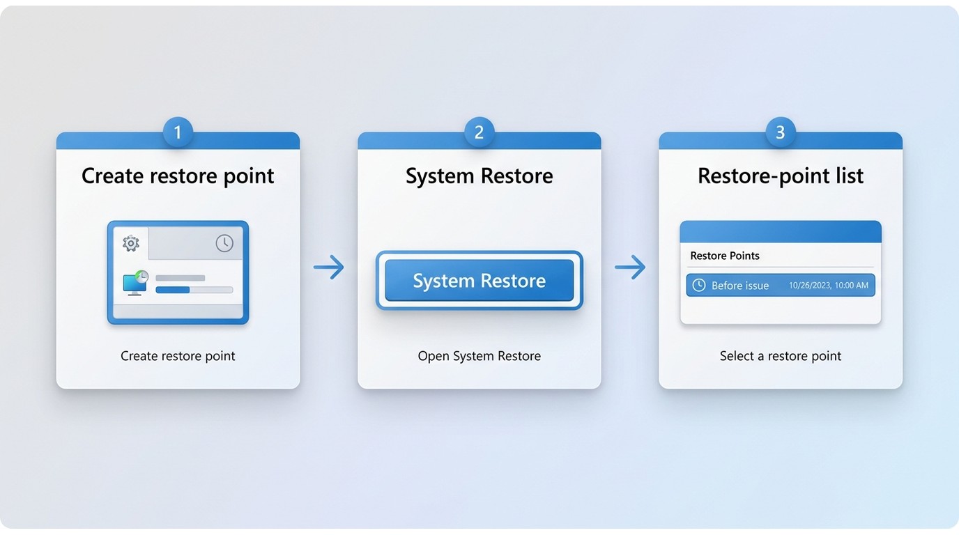 System Restore screens for choosing an earlier restore point before Media Player issues