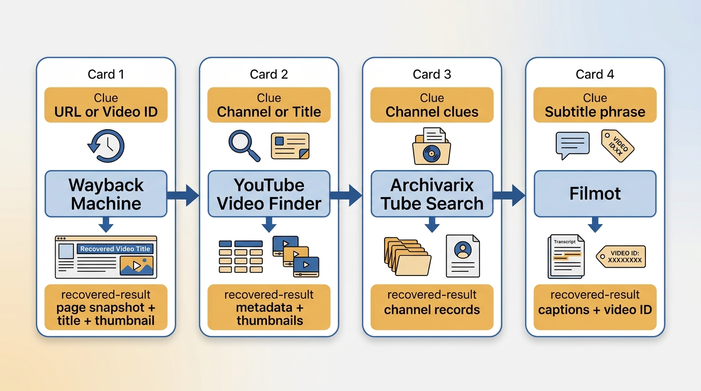 Comparison of Wayback Machine, YouTube Video Finder, Archivarix Tube Search, and Filmot by clue type