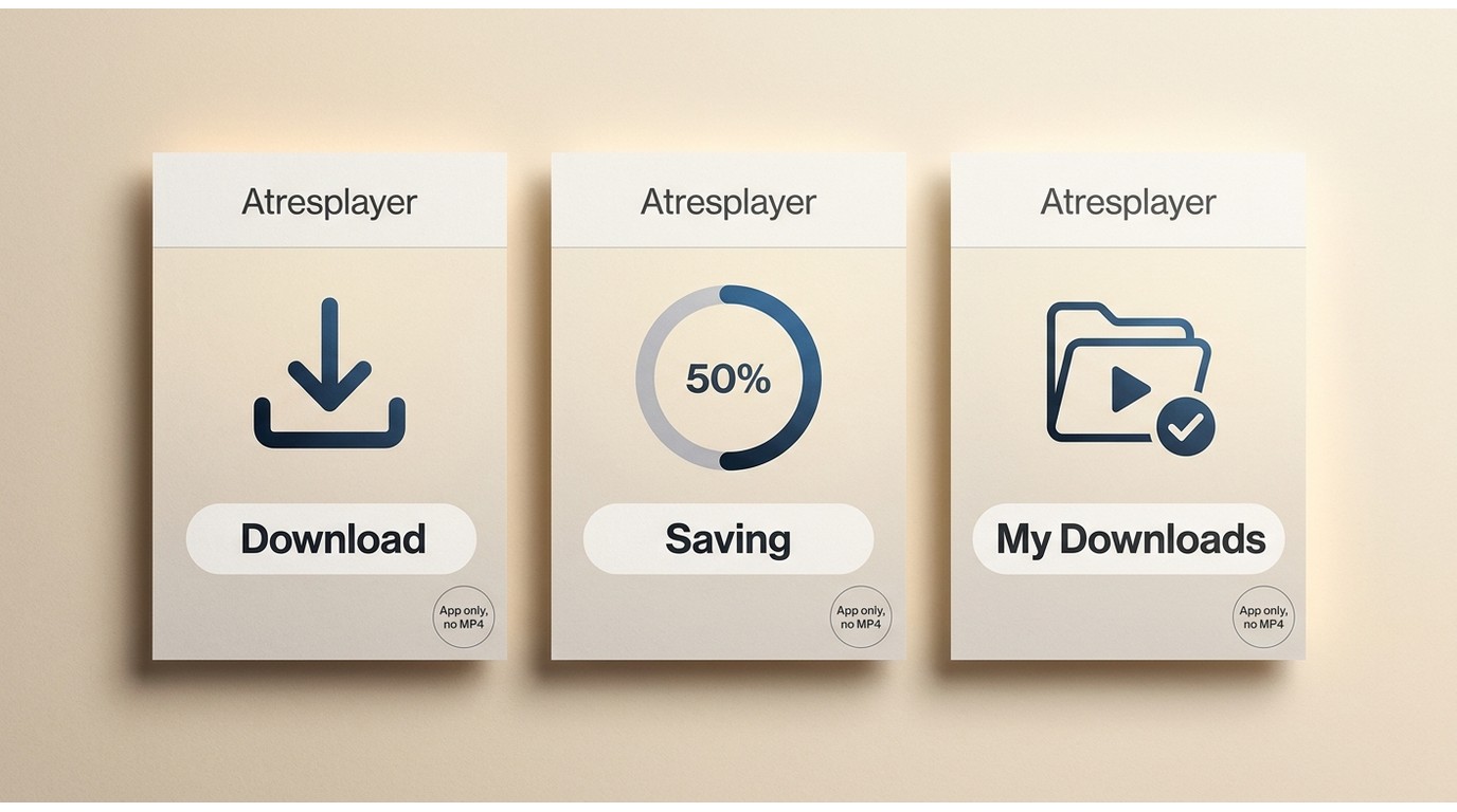 Atresplayer app flow with title download and My Downloads, showing offline viewing stays inside the