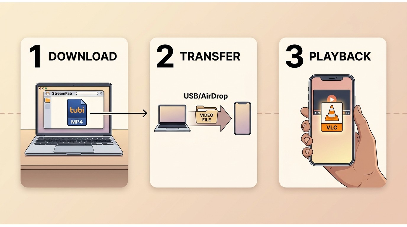 How Tubi offline viewing works: download on Windows or Mac, move the MP4 to a phone, then play it in