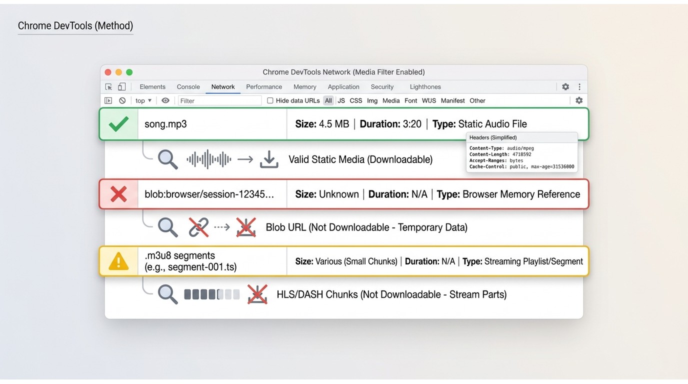 Chrome DevTools Network view comparing a real MP3 request with blob and HLS chunk entries