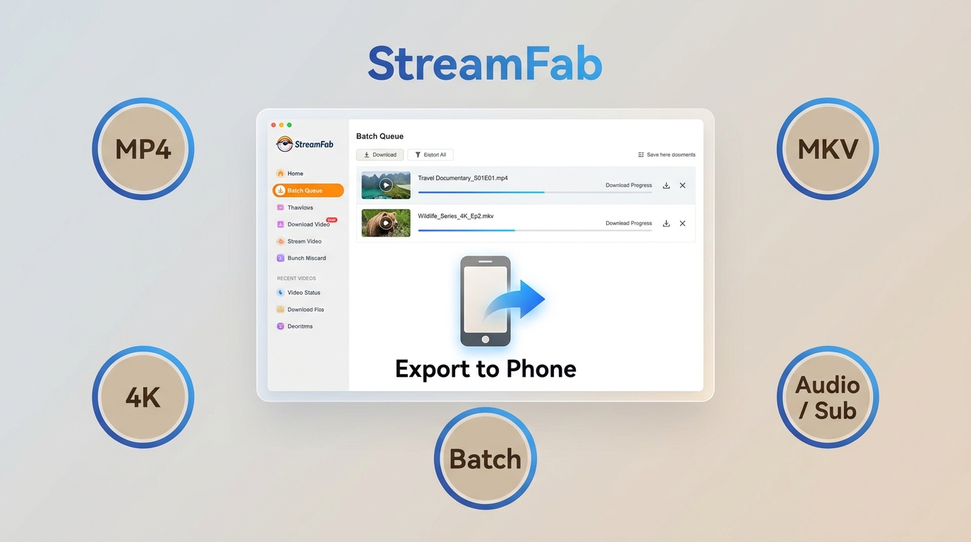 StreamFab 功能概览,突出 MP4、MKV、4K、音轨字幕选择和批量下载