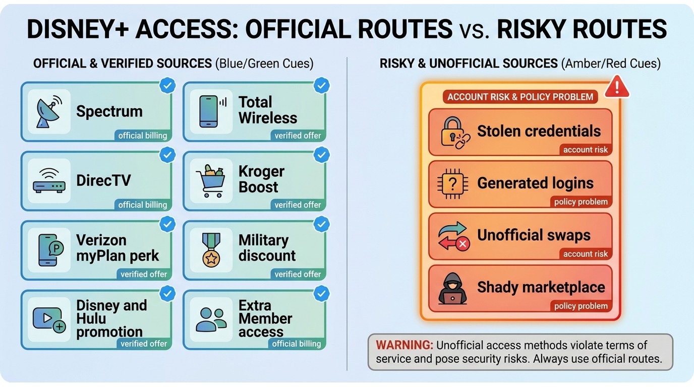 Official Disney+ offers compared with risky fake free account sources and login scams