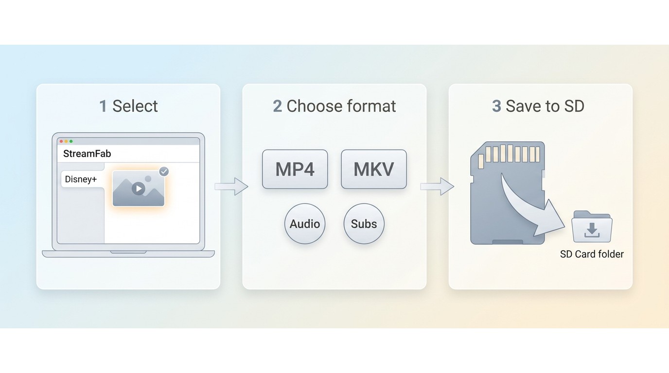 从 StreamFab 选择 Disney+ 影片并导出 MP4 或 MKV 到 SD 卡的流程