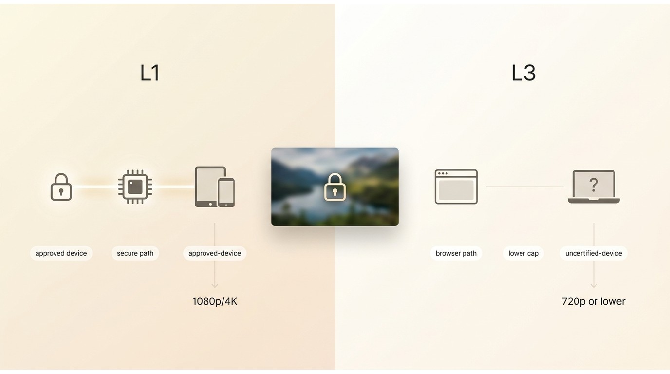 Widevine L1 and L3 paths showing why protected streams may drop from 1080p to 720p