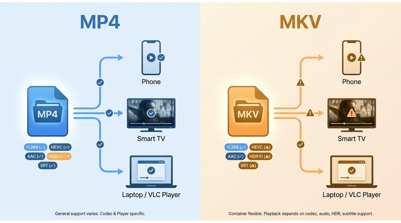 How MP4 and MKV files can still fail depending on codec, HDR, audio, subtitles, and device support.