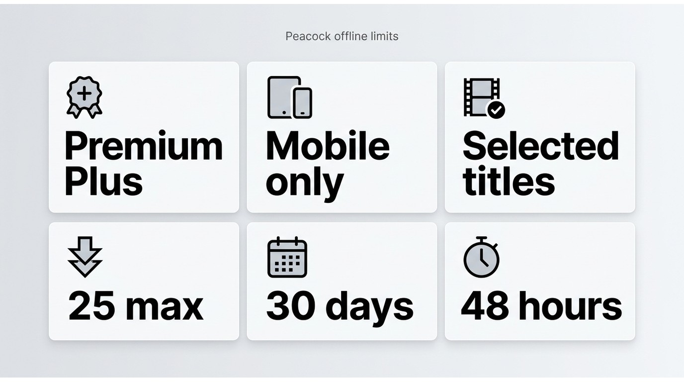 Peacock download rules: Premium Plus, mobile-only support, 25 items, 30 days, and 48-hour expiry
