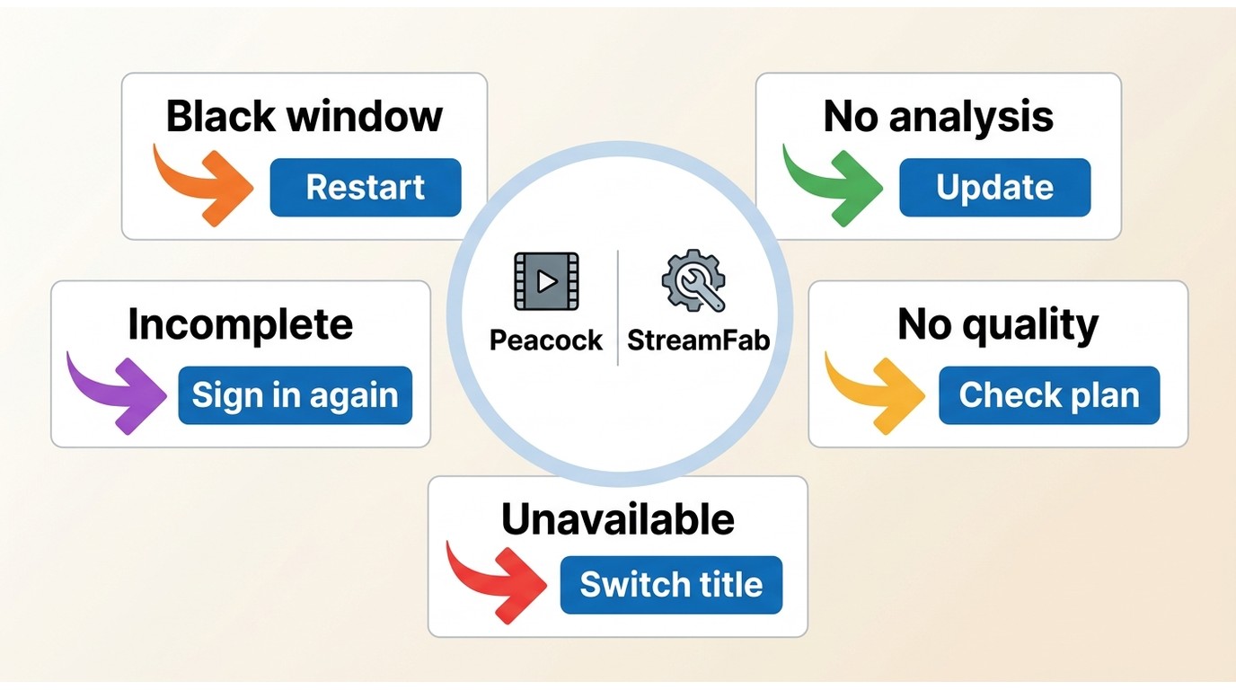 Peacock and StreamFab troubleshooting guide for analysis failure, incomplete downloads, and missing