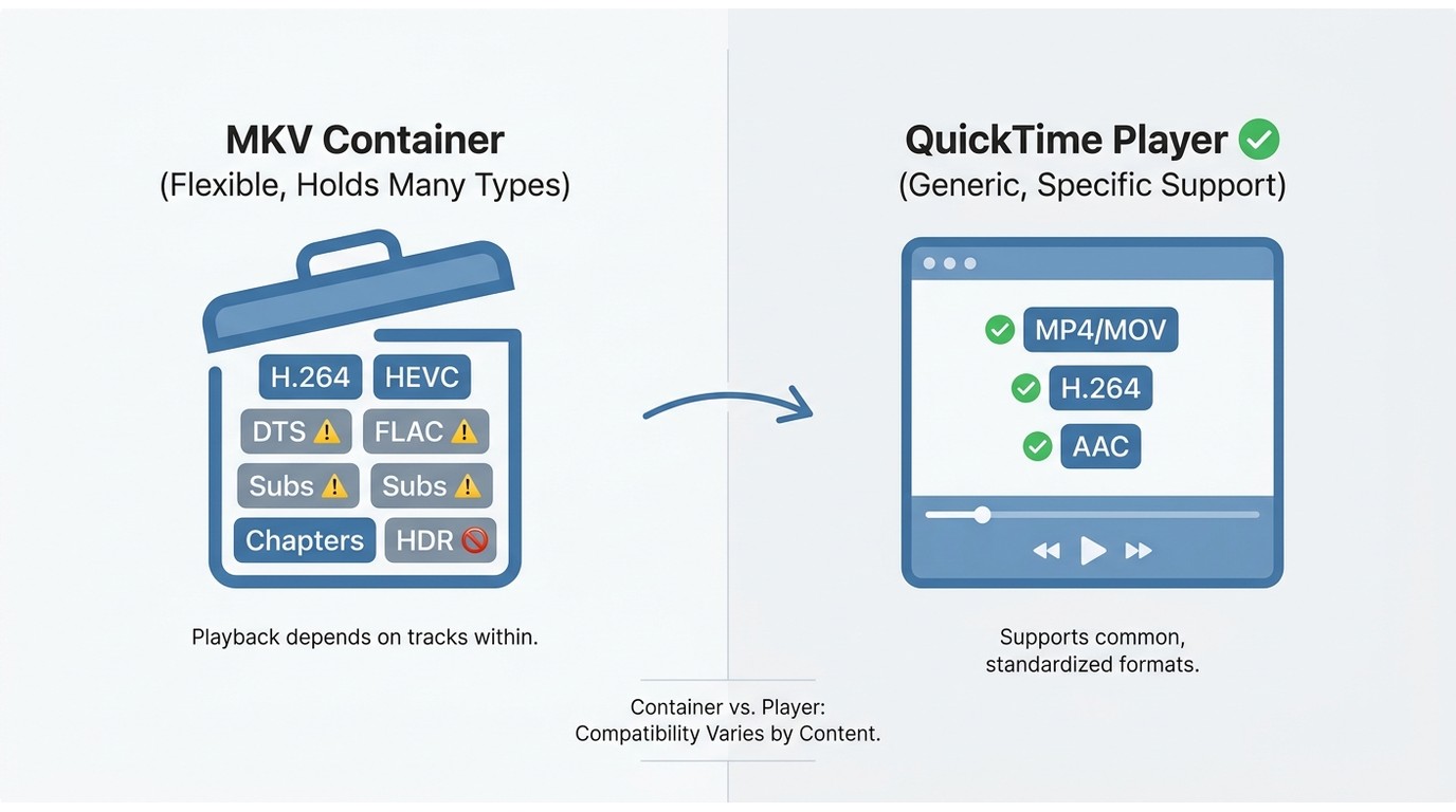 Why some MKV files fail in QuickTime: container contents like HEVC, DTS, FLAC, subtitles, and HDR ma