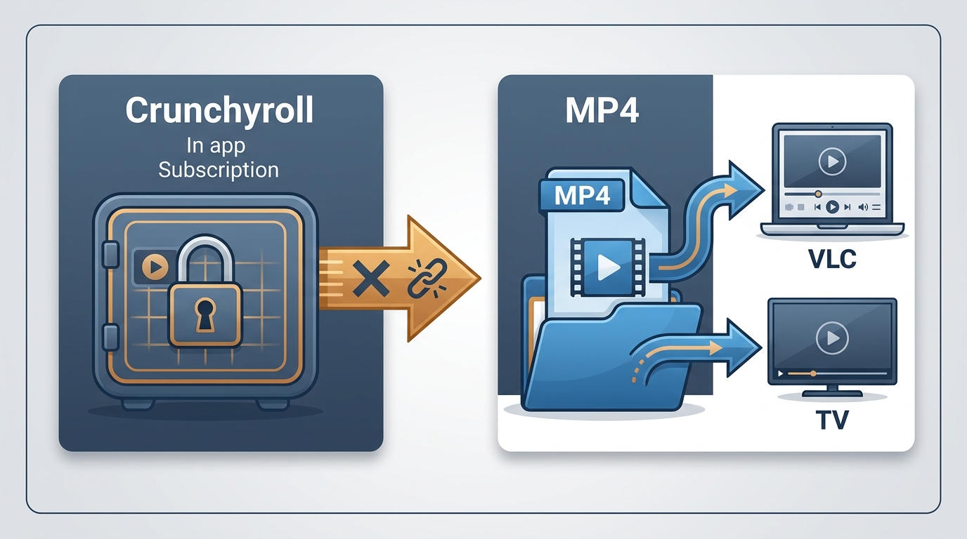 Comparison of Crunchyroll app offline viewing versus portable MP4 playback on laptop and TV