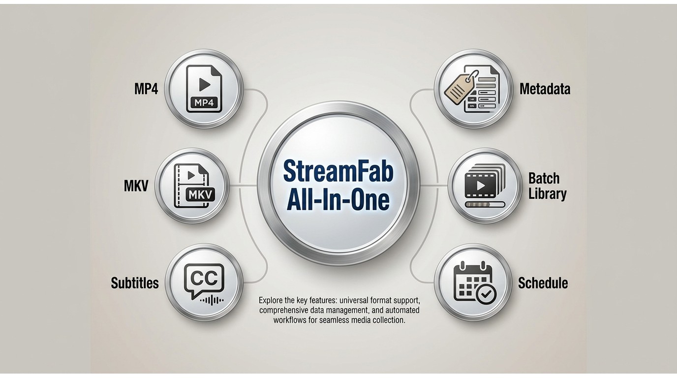 StreamFab All-In-One features for MP4 or MKV output, subtitles, metadata, and batch library tasks