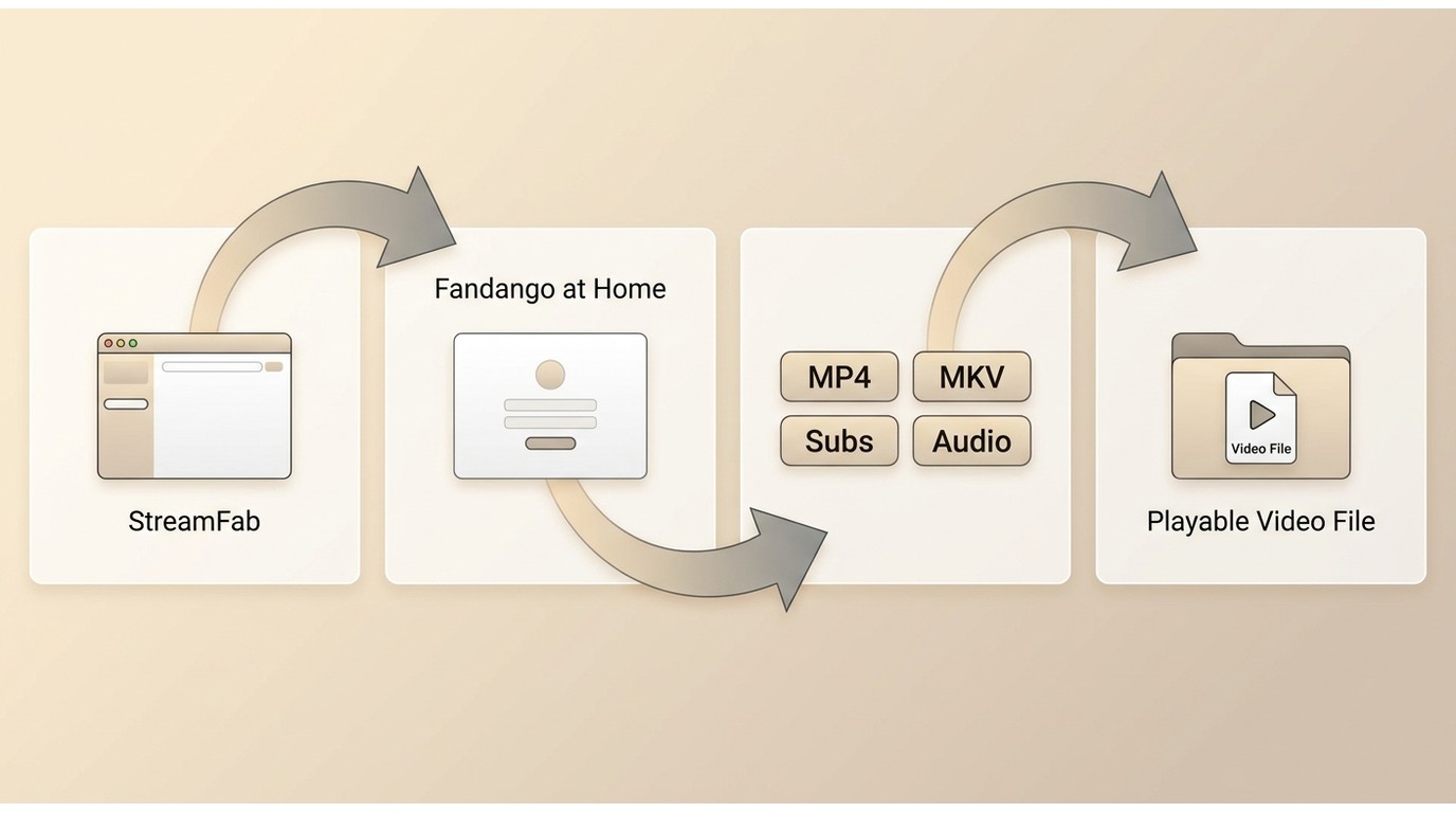 How StreamFab saves a Fandango at Home title as a local MP4 or MKV on a computer.