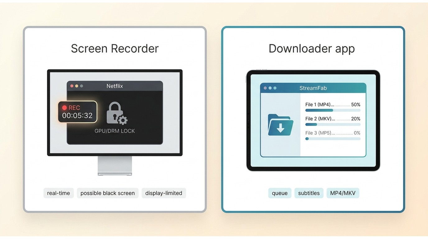 Comparison of OBS-style recording and StreamFab-style downloading for Netflix playback