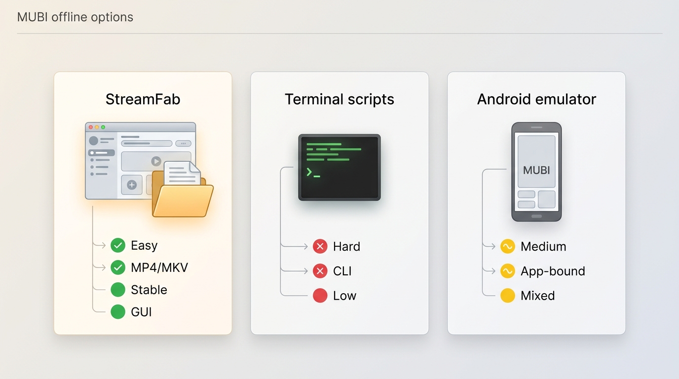 Comparison of StreamFab, open-source scripts, and Android emulator options for MUBI on PC and Mac.